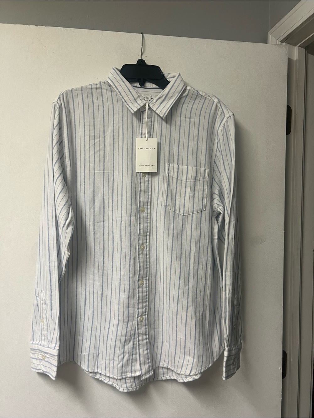 Men's White Button-Down Shirt with Blue Stripes - Casual Long Sleeve